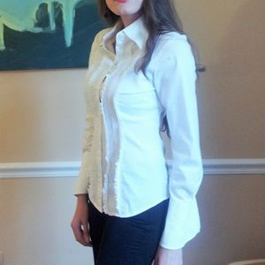 BCBG White Long Sleeved Cotton Blouse with Ruffles